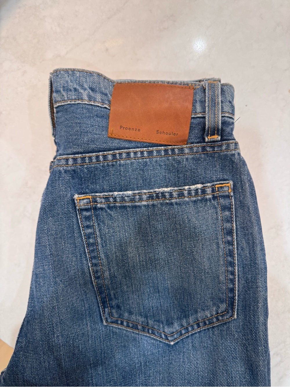 Proenza Schouler Blue Denim Ankle Jeans with Brown Leather Patch